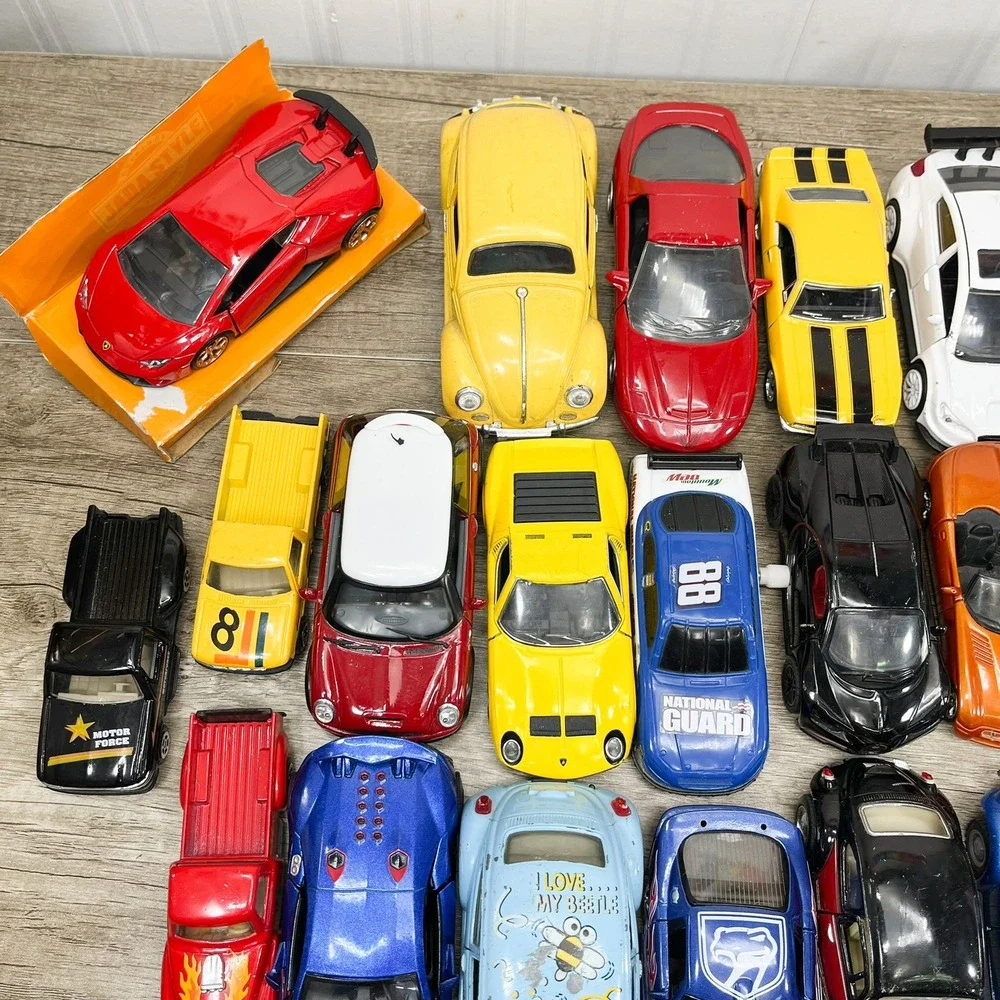Mixed Diecast Toy Car Lot 37pc VW Beetle Lamborghini Mustang Trucks Racing